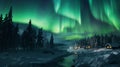 Aurora borealis over wooden houses and river at night in winter. Royalty Free Stock Photo