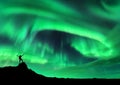 Aurora borealis and silhouette of a man with raised up arms