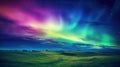 Aurora borealis in the sky over a grassy field, AI Royalty Free Stock Photo