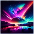 Aurora borealis, starry sky and lake. Illustration generative AI Royalty Free Stock Photo