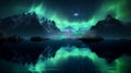 aurora borealis waterfal in lagoone and mountains waterfal and trees sea water starry sky and moon Royalty Free Stock Photo
