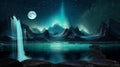 aurora borealis waterfal in lagoone and mountains waterfal and trees sea water starry sky and moon Royalty Free Stock Photo