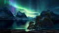 aurora borealis waterfal in lagoone and mountains waterfal and trees sea water starry sky and moon Royalty Free Stock Photo