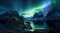 aurora borealis waterfal in lagoone and mountains waterfal and trees sea water starry sky and moon Royalty Free Stock Photo