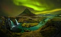 Aurora at Kirkjufell and Waterfall Kirkjufellsfoss, Landmark of Royalty Free Stock Photo