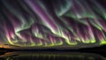 Aurora light, northern lights in the sky over lake, night, panoramic, banner wallpaper