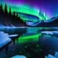 Aurora Northen polar green purple color Winter dark snowy mountain