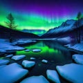 Aurora Northen polar green purple color Winter dark snowy mountain