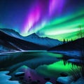 Aurora Northen polar green purple color Winter dark snowy mountain