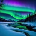 Aurora Northen polar green purple color Winter dark snowy mountain