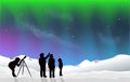 Aurora Northern Lights with Snow at Night silhouette people looking at stars