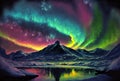 Aurora polaris, night landscape, starry sky over mountains and lake