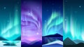 Aurora posters. Realistic Northern night sky glowing light with winter snowy landscapes. Mountains scenery. Arctic and Antarctic