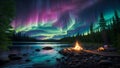 Aurora Riverside Camping: Harmony in the Northern Wilderness Royalty Free Stock Photo