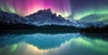 Aurora Starry Night. Sky of Mountain North Pole Lake. Fantasy Backdrop Concept Art Realistic Illustration.