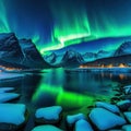 aurora Starry sky with northern Polar lights on Lofoten Night winter landscape with aurora Green polar lights