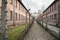 Auschwitz Concentration and Extermination Camp museum Poland - Red brick barracks and electric barb wire fence to deta Royalty Free Stock Photo