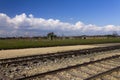 Auschwitz II -Birkenau Extermination camp outdoors and rail tracks Royalty Free Stock Photo