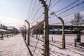 Auschwitz / Oswiecim / Poland - 02.15.2018: Barbed wire fence around a concentration camp.