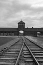 The main entrance to Auschwitz Birkenau Nazi Concentration Camp showing the train tracks used to bring Jews to their death