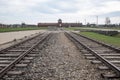 The main entrance to Auschwitz Birkenau Nazi Concentration Camp showing the train tracks used to bring Jews to their death Royalty Free Stock Photo