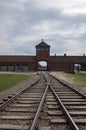 The main entrance to Auschwitz Birkenau Nazi Concentration Camp showing the train tracks used to bring Jews to their death Royalty Free Stock Photo