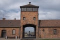 Photo showing the security tower at the entrance to Auschwitz Birkenau concentration camp, Nazi death camp dating back to WW2.