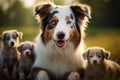 Aussie dog mom with puppies playing joyfully in green meadow Royalty Free Stock Photo