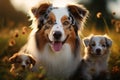 Aussie dog mom with puppies playing joyfully in green meadow