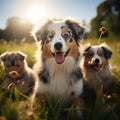 Aussie dog mom with puppies playing joyfully in green meadow