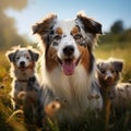 Aussie dog mom with puppies playing joyfully in green meadow Royalty Free Stock Photo