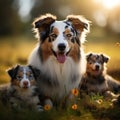 Aussie dog mom with puppies playing joyfully in green meadow