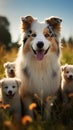 Aussie dog mom with puppies playing joyfully in green meadow Royalty Free Stock Photo