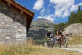 Three bikers in a mountain bike race