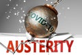 Austerity and coronavirus, symbolized by the virus destroying word Austerity to picture that covid-19 affects Austerity and leads