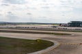 Taxiway areas and a delta commuter jet at the Austin Airport.