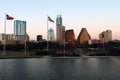 Austin buildings, flags and river