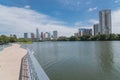 Austin downtown skyscraper from boardwalk along Colorado River a Royalty Free Stock Photo