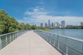 Austin downtown skyscraper from boardwalk along Colorado River a Royalty Free Stock Photo