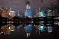 Austin skyline at night with bright illuminated buildings