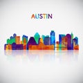 Austin skyline silhouette in colorful geometric style.