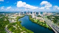 Austin Texas aerial drone view green landscape summer puffy clouds panoramic panorama Royalty Free Stock Photo