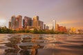 Austin, Texas downtown skyline. Austin morning pink colorful sunrise. Reflection in water. Royalty Free Stock Photo