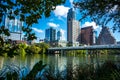 Austin Texas Downtown skyline through the Summer Trees and leaves Royalty Free Stock Photo