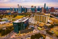 Aerial view high above Colorful Sunset over Austin Texas Modern Downtown CItyscape Royalty Free Stock Photo