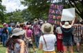 AUSTIN, TEXAS - JULY 2, 2019 - People protesting against President Donald Trump and border camps. Different demands written on