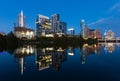 Austin, Texas with new buildings rising, reflecting in lady Bird Lake during sunset / Austin Skyline and new constructions Royalty Free Stock Photo