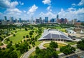 Austin Texas Powered by Solar Panels on Rooftop of Large building Downtown Skyline Cityscape