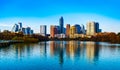 Austin Texas Reflections of a Blue Town Lake and Sunset Skyline at the Pedestrian Bridge on a gorgeous clear sky sunny afternoon