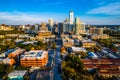 Aerial drone views of the Cityscape of Austin Texas at Sunset